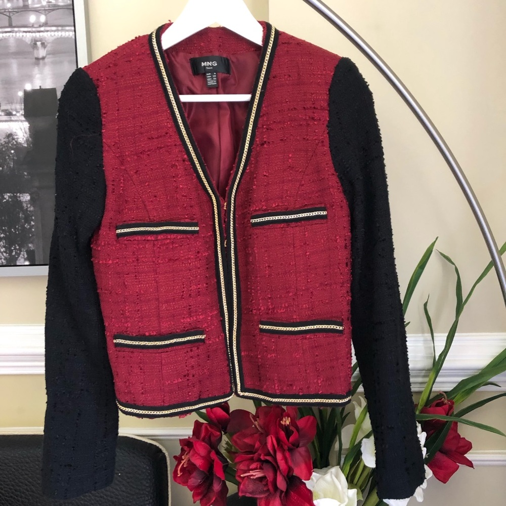 MANGO Tweed Gold Black & Burgundy Jacket